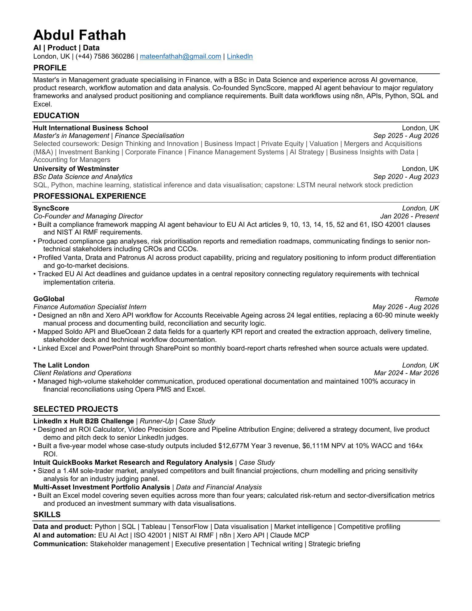 Fathah's résumé showing profile, education, professional experience, selected projects and skills