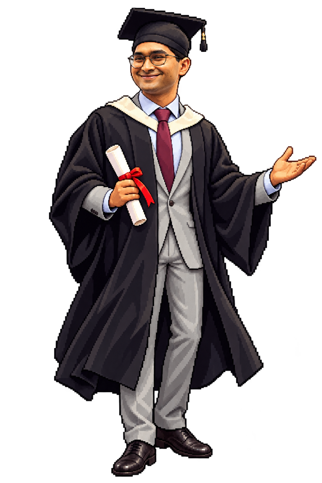 Pixel avatar of Fathah wearing his graduation cap and gown and holding a diploma