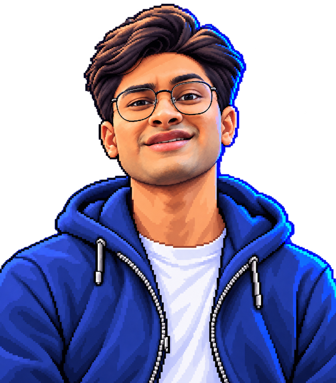 Fathah looking curious in a blue hoodie